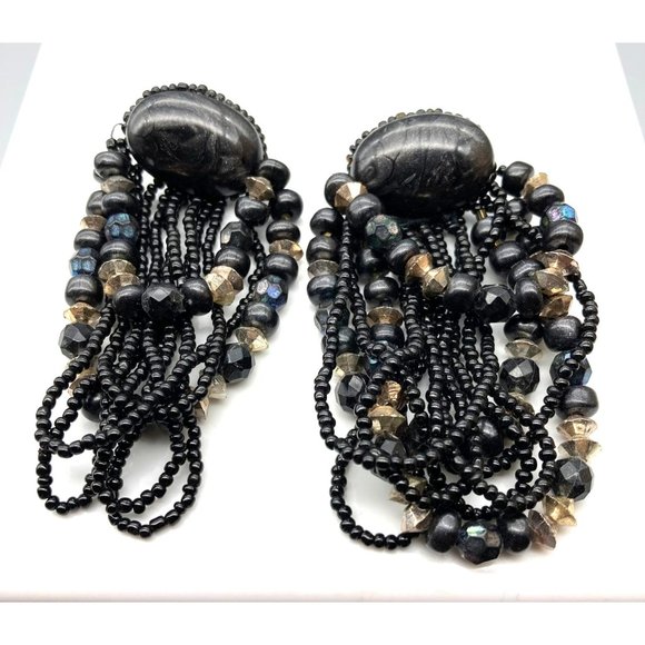 Dangling Grey and Black Sparkle Earrings, Unique Vintage Long Shoulder Dusters - Picture 2 of 5